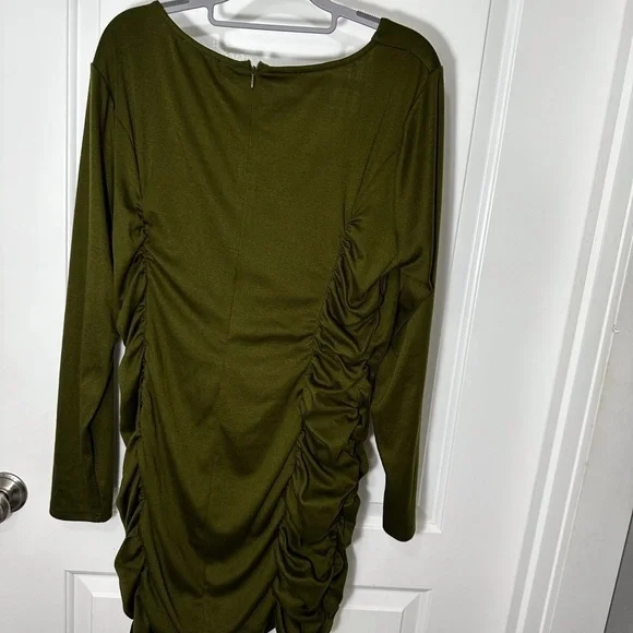 Kate Kasin Ruched Sides Deep Green Long Sleeve Midi Dress Size 2XL - Picture 2 of 6